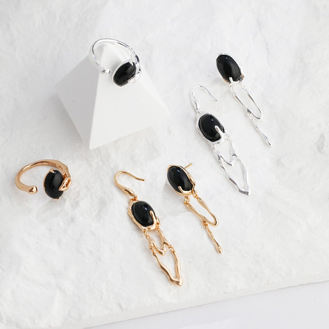 Seymours & Co. Ecliptique Black Agate Asymmetrical Earrings