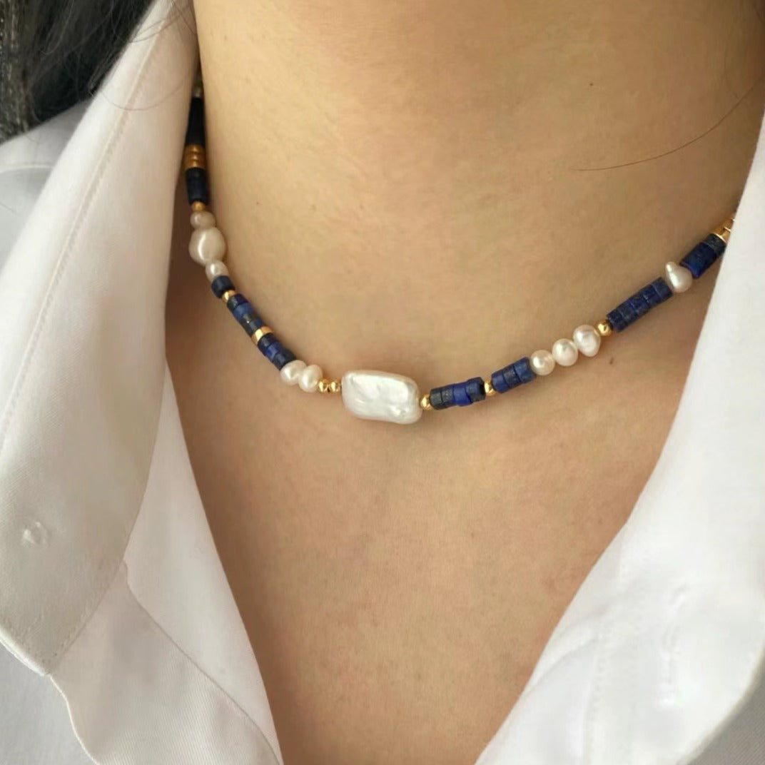 Collier réglable azur lapis-lazuli et perles