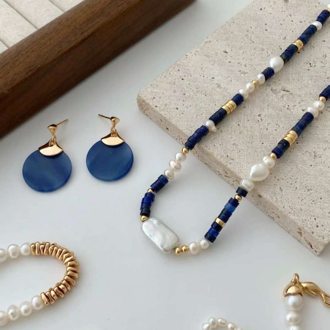 Ensemble cadeau 2 pièces collier de perles et boucles d'oreilles en jade azur lapis-lazuli