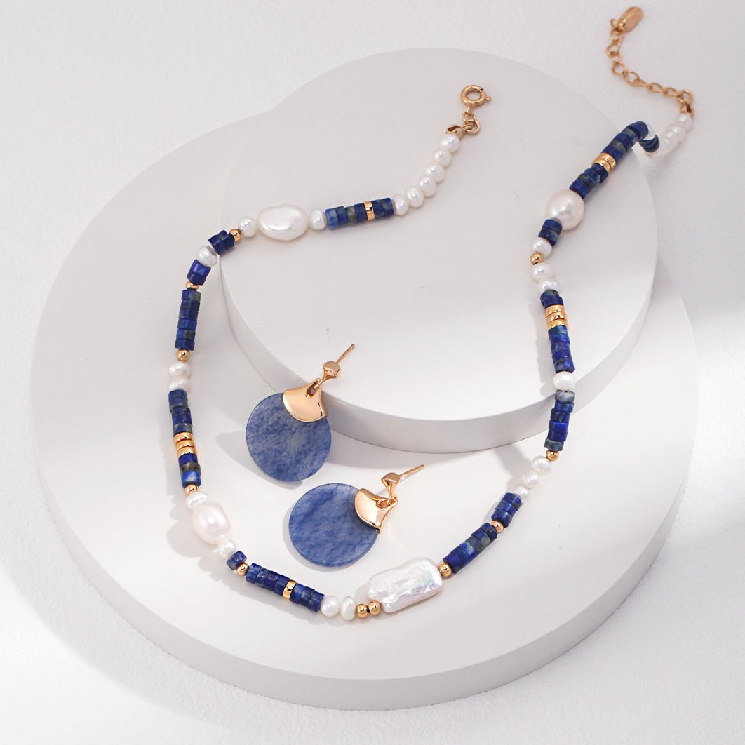 Collier réglable azur lapis-lazuli et perles