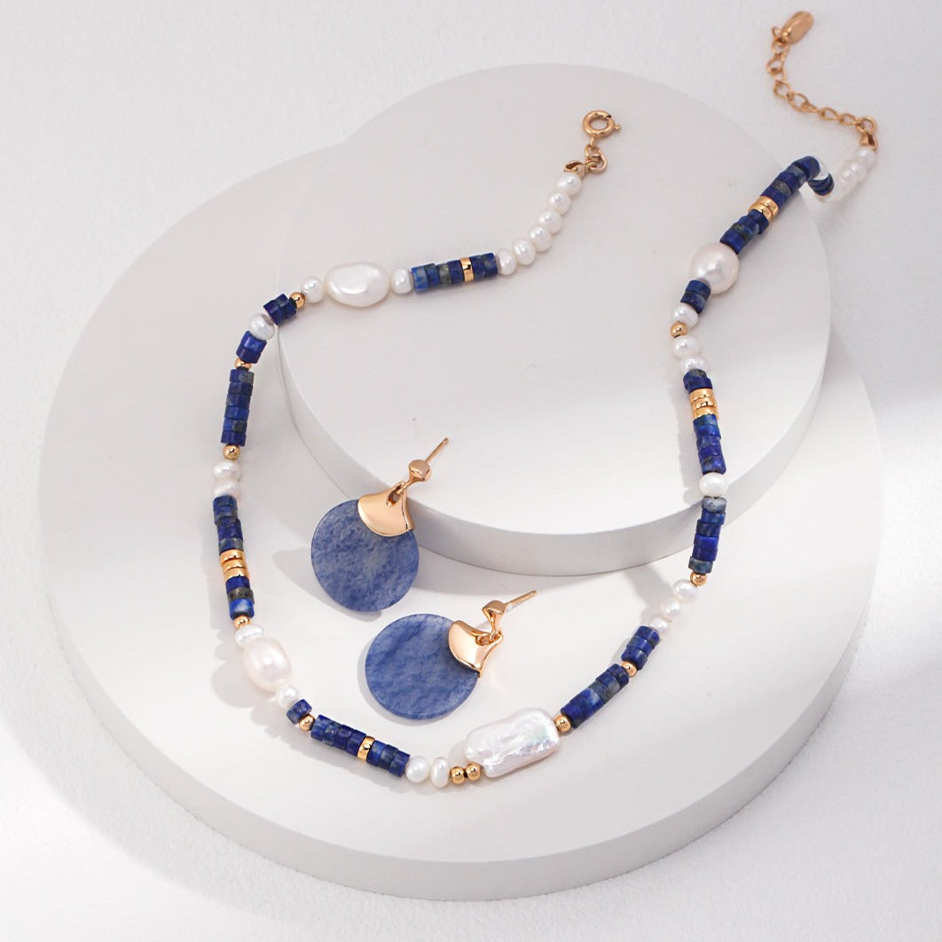 Ensemble cadeau 2 pièces collier de perles et boucles d'oreilles en jade azur lapis-lazuli