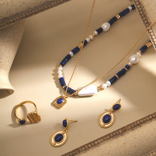 Set de regalo de 4 piezas de collares, anillos y pendientes de perlas y lapislázuli azul